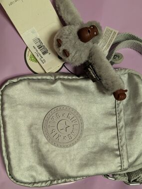 New Wt Kipling Silver Kids Crossbody Bag with Plush Monkey Charm